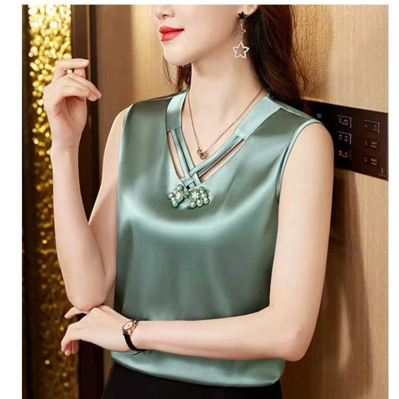 V Neck Simplicity Sleeveless Temperament Tops Tees New Summer Thin All-match Vintage T Shirts Fashion Elegant Women Clothing