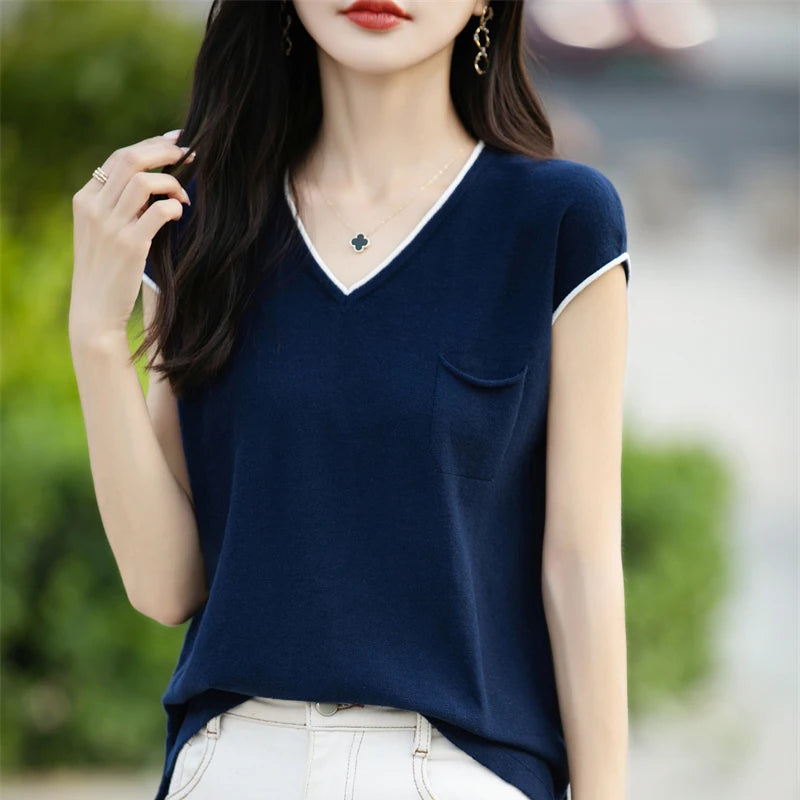 100% pure cotton T-shirt women's knitted patchwork short sleeved casual V-neck Tees summer basic loose Tops versatile pocket