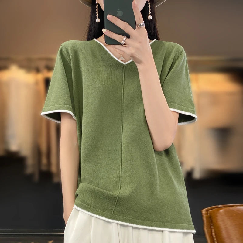 100% cotton T-shirt Women's V-neck pullover short sleeve summer new casual knitting loose top fashion color contrast T-shirt