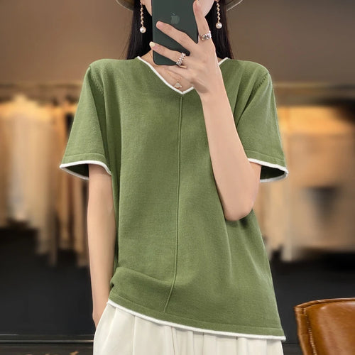 100% cotton T-shirt Women's V-neck pullover short sleeve summer new casual knitting loose top fashion color contrast T-shirt