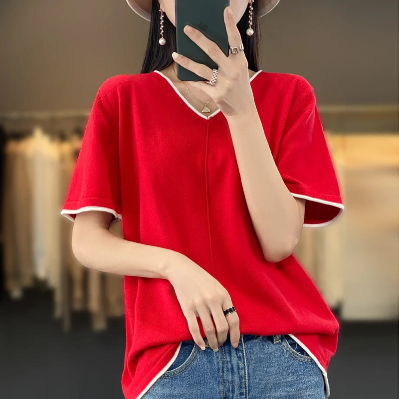 100% cotton T-shirt Women's V-neck pullover short sleeve summer new casual knitting loose top fashion color contrast T-shirt