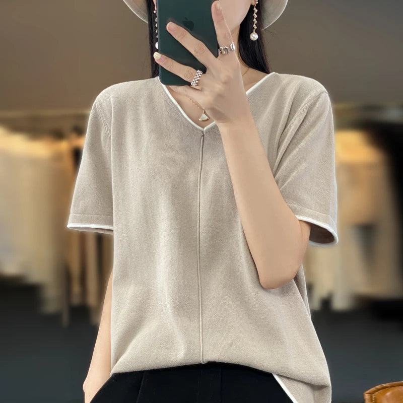 100% cotton T-shirt Women's V-neck pullover short sleeve summer new casual knitting loose top fashion color contrast T-shirt